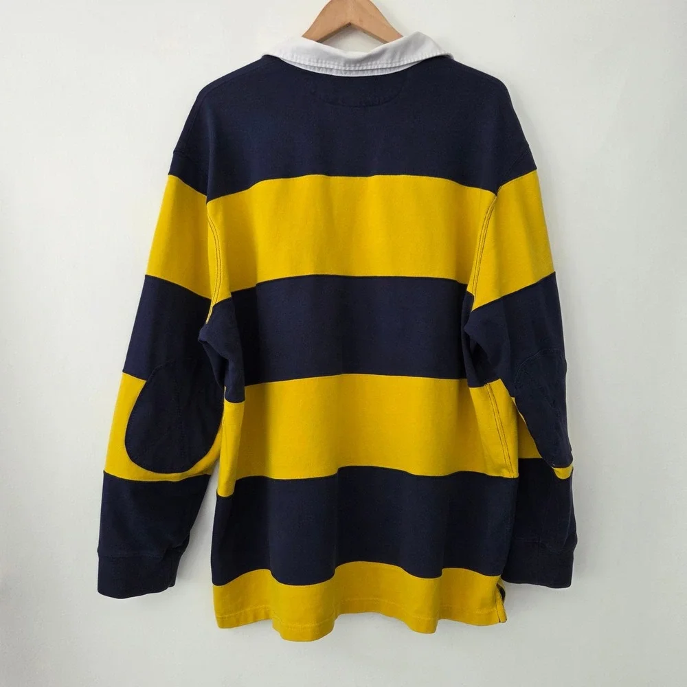 Polo Ralph Lauren Rugby Shirt Yellow Navy Striped Elbow Patch Mens XL
